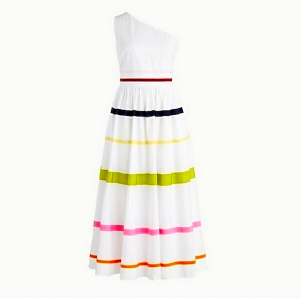 J.Crew One-shouldered maxi dress in cotton poplin with ribbon stripes NWT